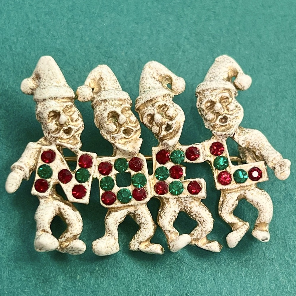 Vintage 1960’s Dodds Enamel Christmas Elves Pin Rhinestone Antique White Gold
